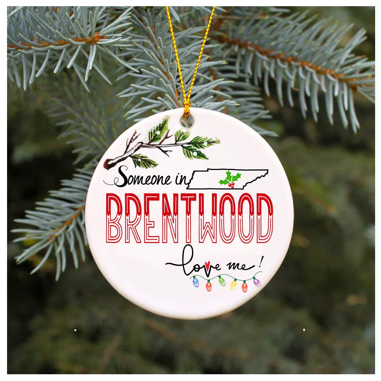 Christmas Ornaments 2019 Family Someone In Brentwood Tennessee Loves Me TN Xmas Gifts Cute Owl Family Keepsake Present Xmas Present Mom Dad Wife Husband Ceramic 3" Flat Circle