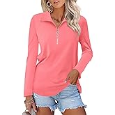TICTICMISS Women's Long Sleeve Shirts Quarter Zip Pullover Collared V Neck Tops Fall Blouses
