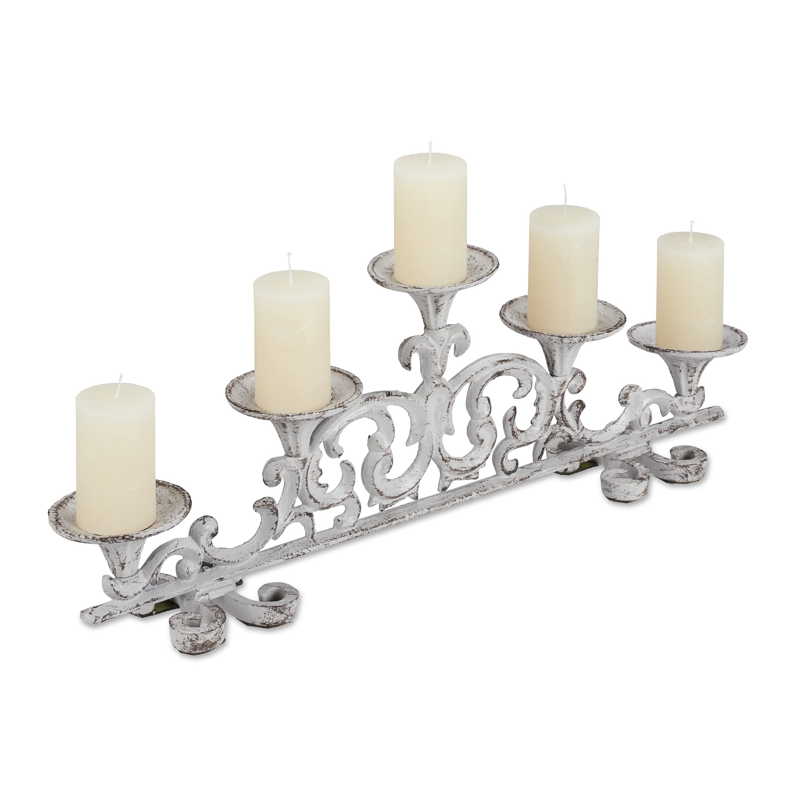 Relaxdays Antique-Style Candleholder, 5 Candle Stand, Shabby Chic, Vintage Design, HWD 20x59x9.5 cm, White