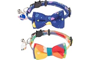 ADOGGYGO Cat Collar Breakaway with Cute Bow Tie Bell - 2 Pack Kitten Collar with Removable Bowtie Universe Dinosaur Rainbow Sea Pattern Cat Bow tie Collar for Cat Kitten (Rainbow & Universe)