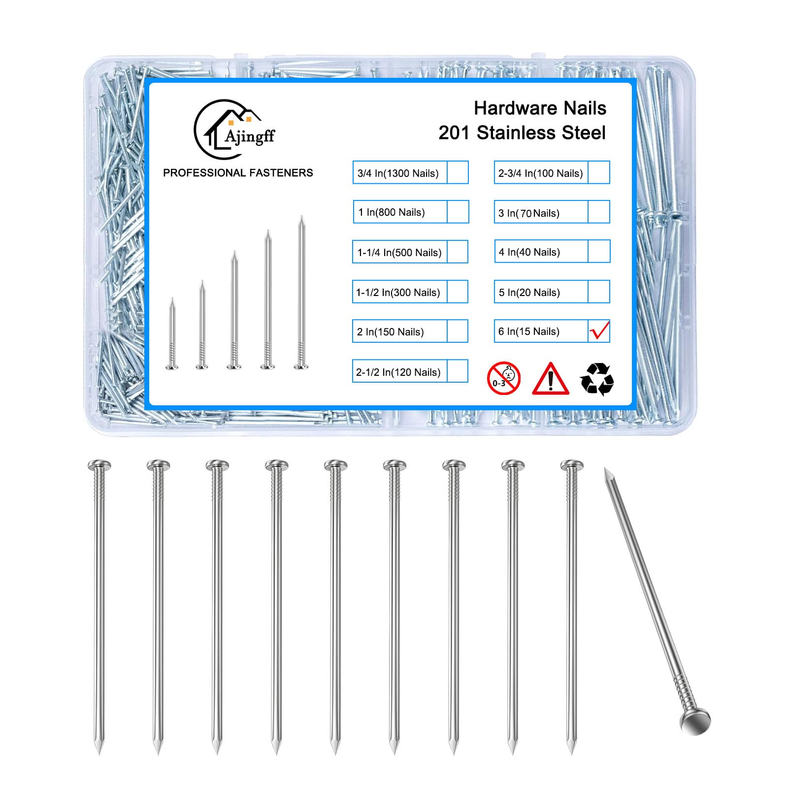 Photo 1 of 15PCS Galvanized Steel Hardware Nails with Storage Box, 6Inch Flat Head Nails for Hanging Pictures and Woodworking, Picture Hanging Nails, Long Nails, Wall Nails, Wood Nails, Finishing Nails