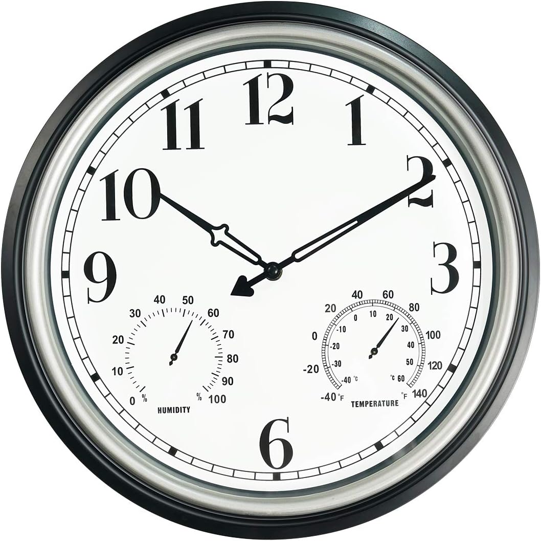 SecreShow 16 Inch Large Indoor Outdoor Wall Clock,Waterproof Non-Ticking Clock with Thermometer and Hygrometer Combo,Battery Operated Clock Wall Decorative- Silver