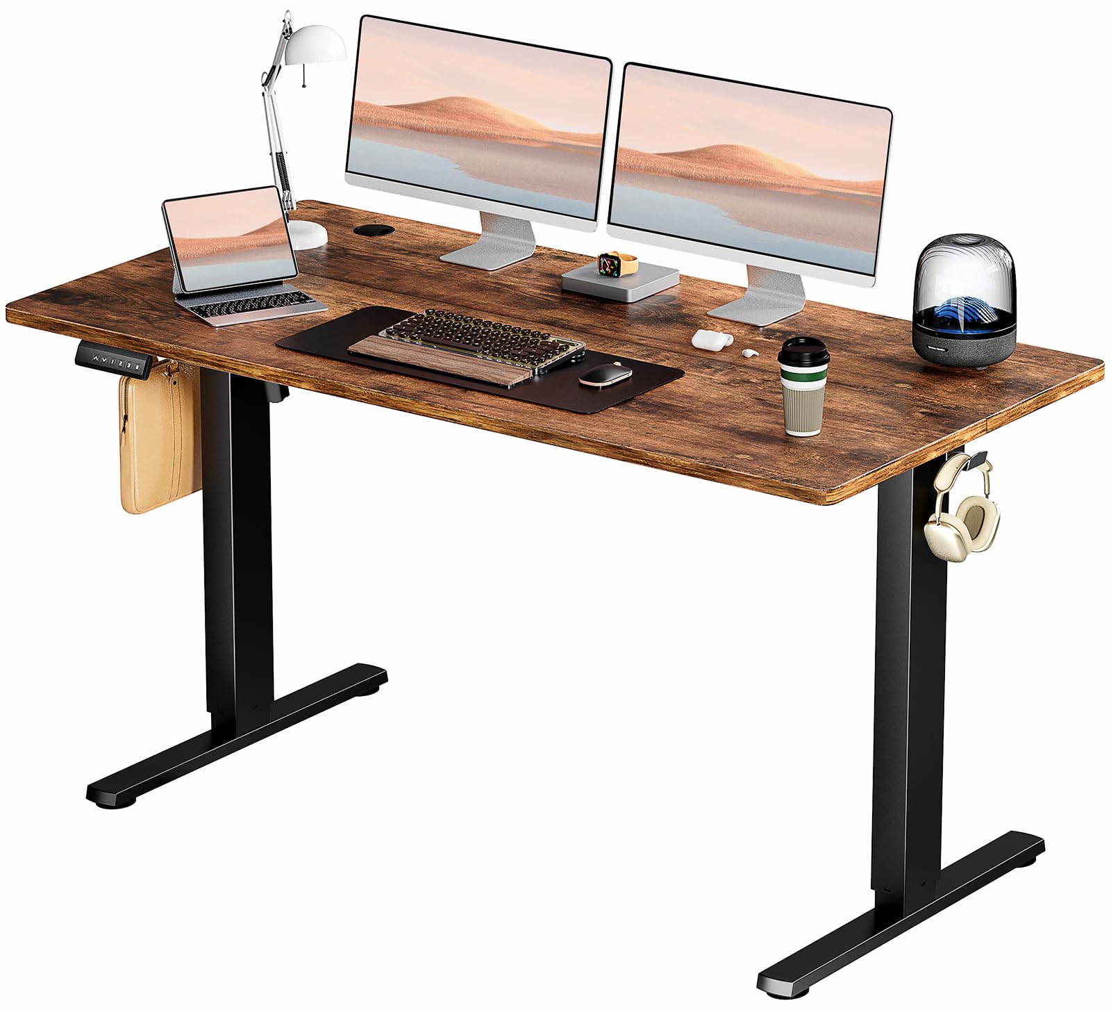 Photo 1 of SMUG Standing Desk, Adjustable Height Electric Sit Stand Up Down Computer Table, 55x24 Inch Ergonomic Rising Modern Lift Motorized Gaming Desktop Workstation for Work Home Office, Brown