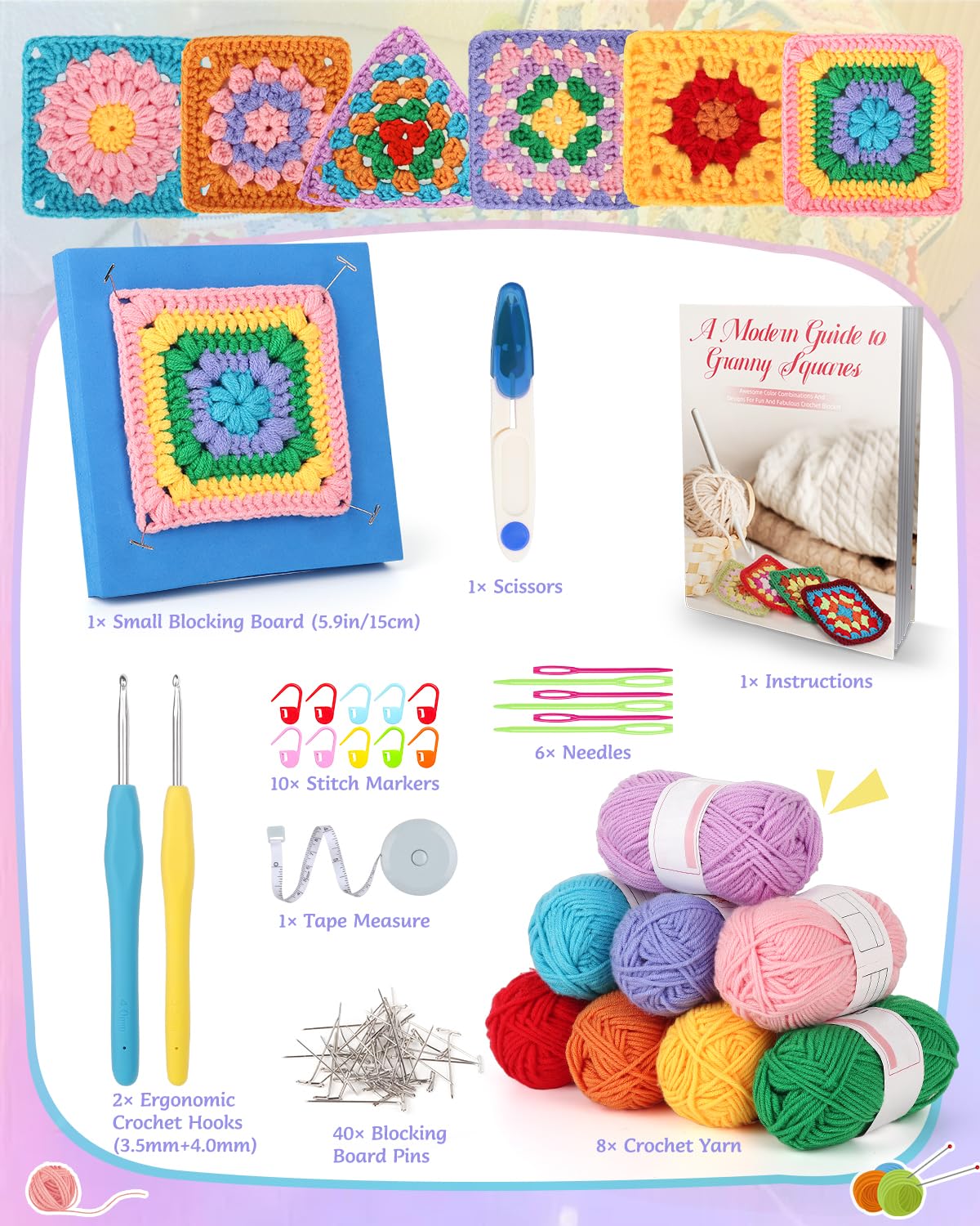 Coopay Crochet Kit Beginners for 6 Types Granny Squares, Starter Knitting Kit with Instructions & 8PCS Yarn, Crochet Start Kit for Adults Learn to Crochet Granny Square Coasters, Table Runners, ect