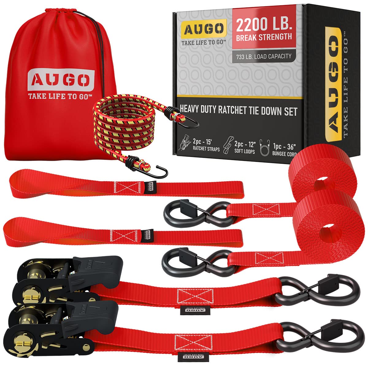 AUGO Ratchet Tie Down Straps –2PK– 4.5M – 1000KG Break Strength – Safety Lock S Hooks –for Moving Cargo, Appliances, Lawn Equipment, Motorcycle – Includes 1 Bungee Cord, 2 Soft Loops, Storage Bag