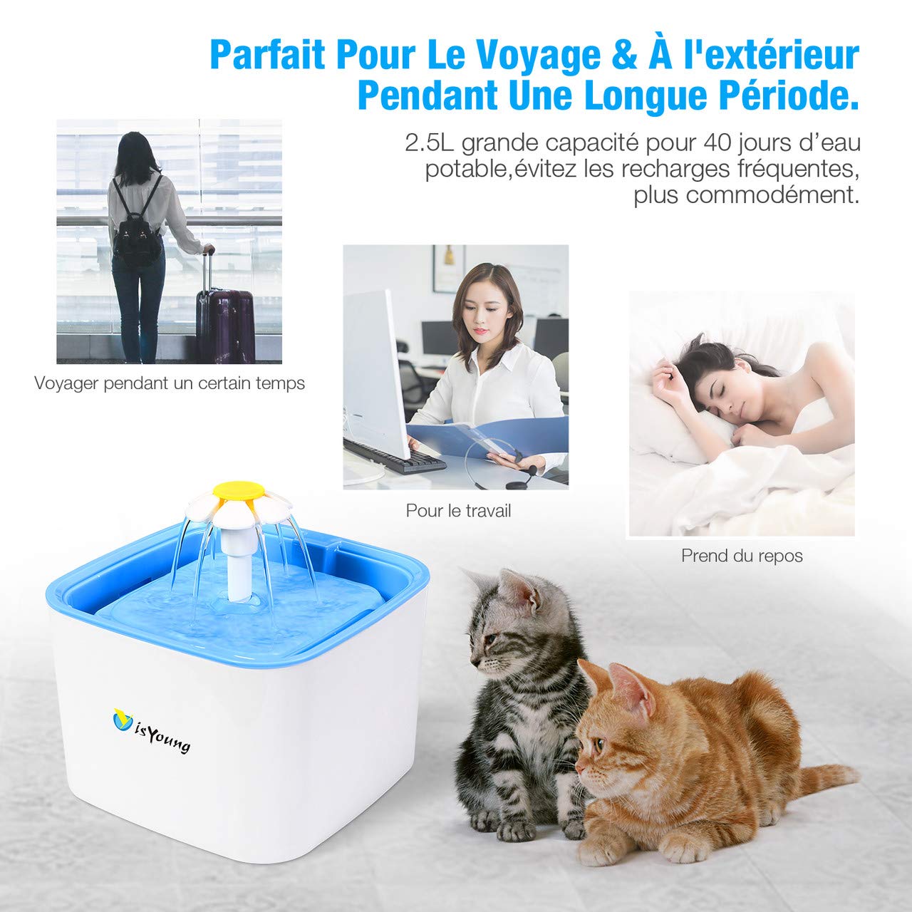 isYoung 2.5L Fontaine à Chat Chien Grande Capacité Fleur Automatique Électrique Silencieux avec 2pcs Filtre à Charbon Actif pour Les Animaux domestiques