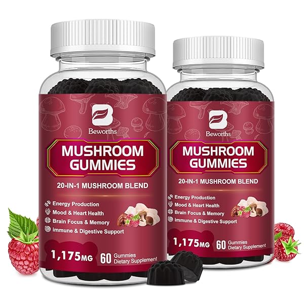 2 PACK MUSHROOM GUMMIES, 20 IN 1 LIONS MANE MUSHROOM COMPLEX SUPPLEMENT WITH REISHI, CHAGA, CORDYCEPS & MORE FOR ADULT, SUPPORT FOR BRAIN, FOCUS & COGNITIVE HEALTH, VEGAN, RASPBERRY FLAVOR, 120CT