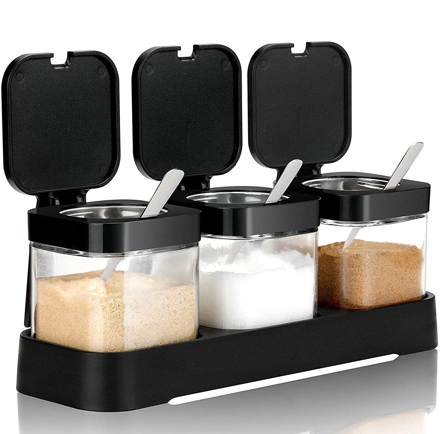PENGQIMM Condiment Jar Spice Container with Lids and Spoons,Clear Seasoning Box, 3 Pieces Clear Seasoning Storage Container for Spice Salt Sugar Cruet, Condiment Jars with Spoons for Kitchen