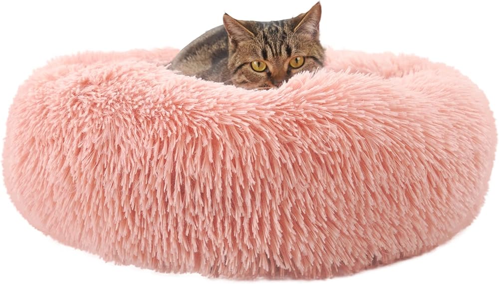 Enjamoy Plush Donut Dog Bed Calming Round Bed Pink 50cm
