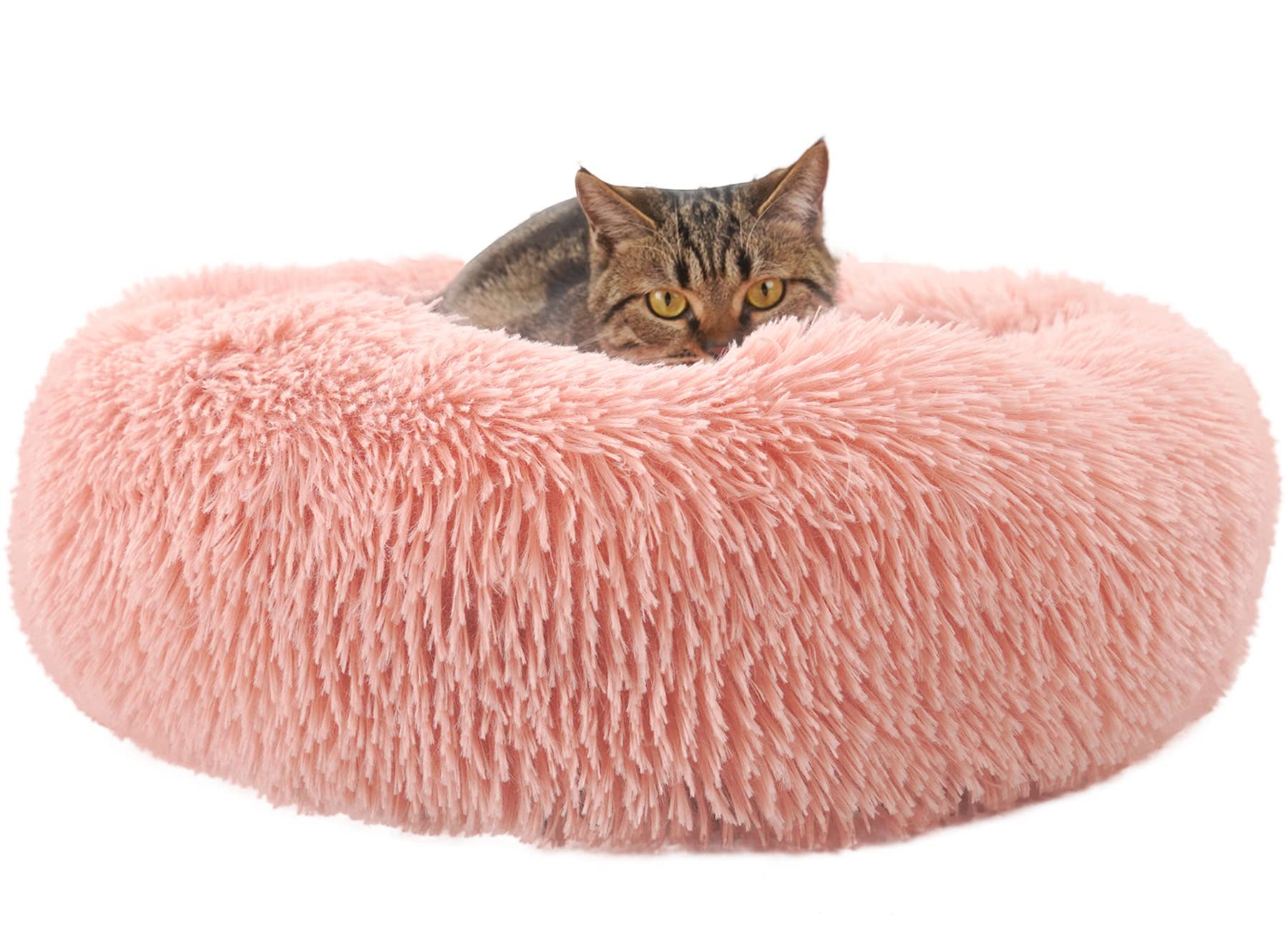 Enjamoy Plush Donut Dog Bed, Calming Round Dog Cat Bed Soft and Fluffy Cuddler Pet Cushion Self-Warming Puppy Beds Machine Washable, Pink 50cm