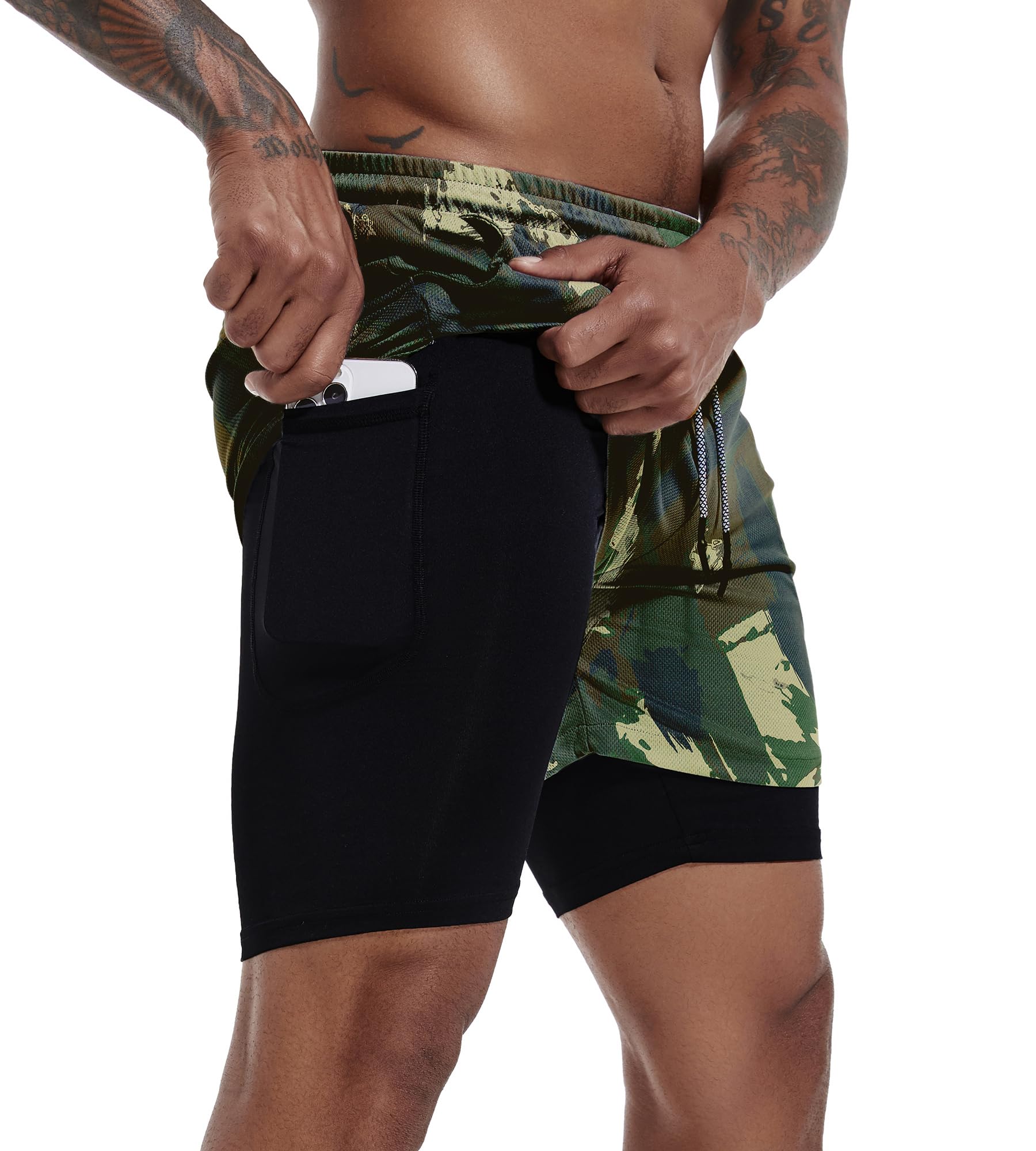 Leidowei Men's 2 in 1 Workout Running Shorts Lightweight Training Yoga Gym 7 inch Short with Zipper Pockets, Light Blue