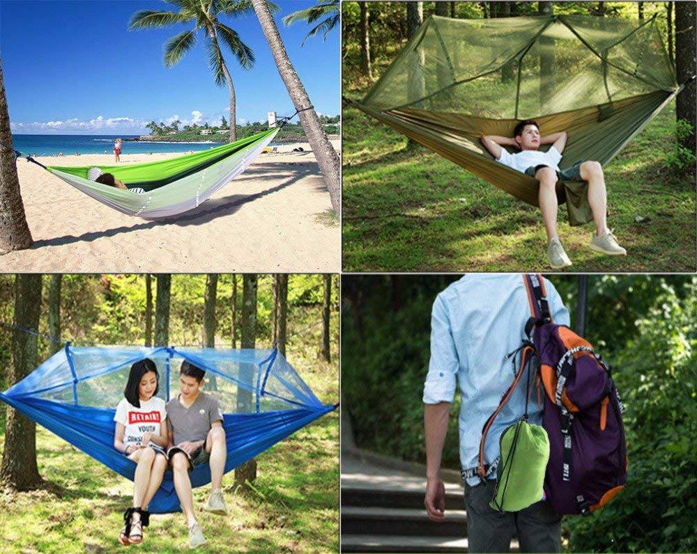 Likorlove Camping Hammock with Mosquito Net, Lightweight & Comfortable Supports Up Max 600Lbs Nylon Portable Parachute Easy to Set up Hammock for Camping Backpacking Travel Beach Yard,Green