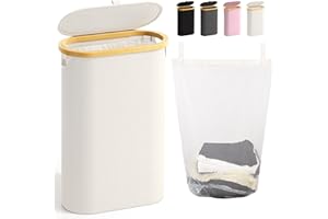 BATHOLA Slim Laundry Hamper with Lid, 60L Small Laundry Basket with Handles&Removable Bag, Thin Dirty Clothes Hampers for Laundry, Narrow Laundry Hampers for Bedroom Aesthetic, Beige