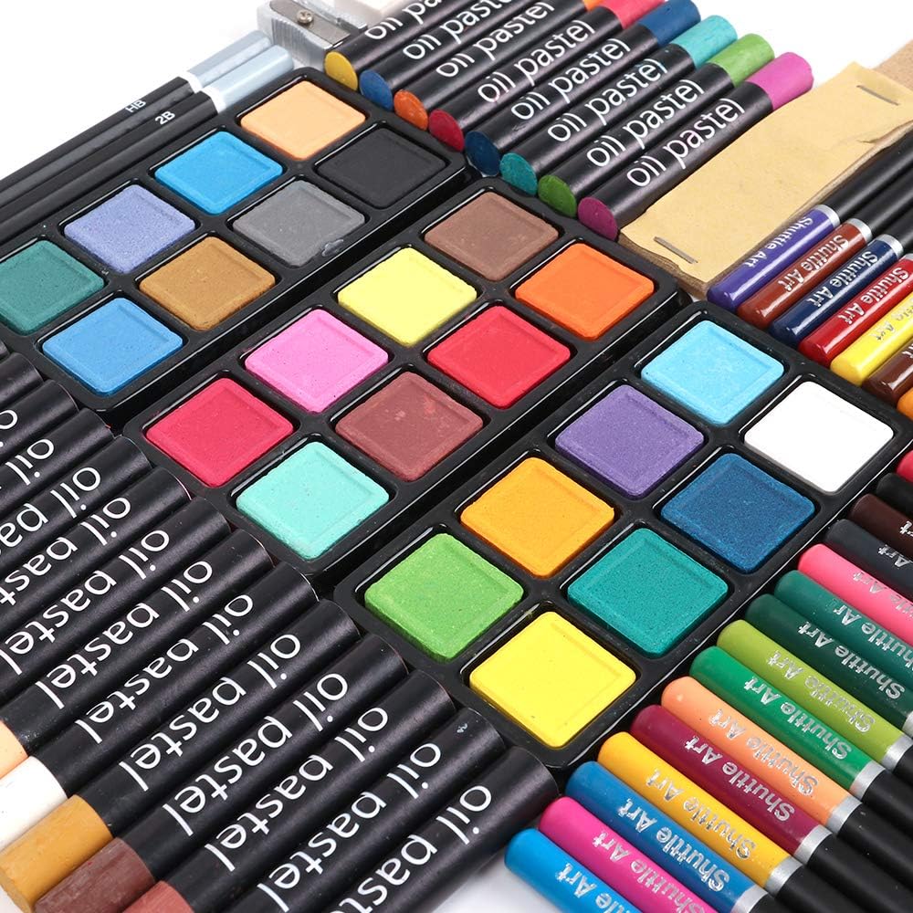 118 Piece Deluxe Art Set, Shuttle Art Art Supplies in Wooden Case, Painting Drawing Art Kit with Acrylic Paint Pencils Oil Pastels Watercolor Cakes Coloring Book Watercolor Sketch Pad for Kids Adults : Office Products