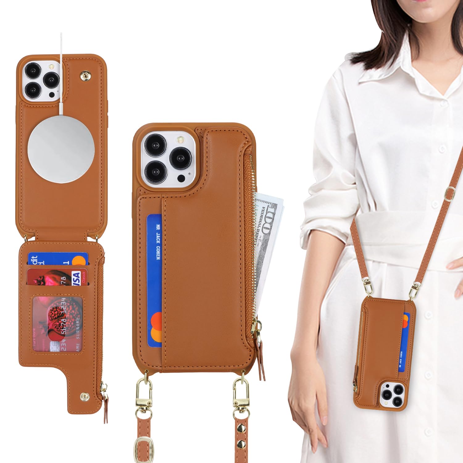 SailorTech for iPhone 14 Pro Max Case with Credit Card Holder magsafe, iPhone 14 Pro Max Phone Leather Case Wallet for Men Crossbody with mag safe Zipper Shockproof Case for Women - Brown — image 1