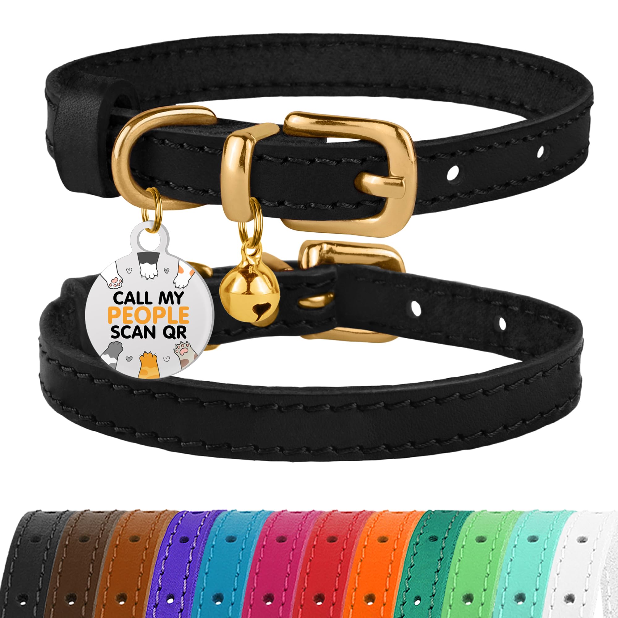 Photo 1 of ***NO BELL***BRONZEDOG Leather Cat Collar with Removable Bells Non Breakaway Kitten QR Tag for Girl Boy (9" - 12" Cats/Mini Dogs, Black & Gold)