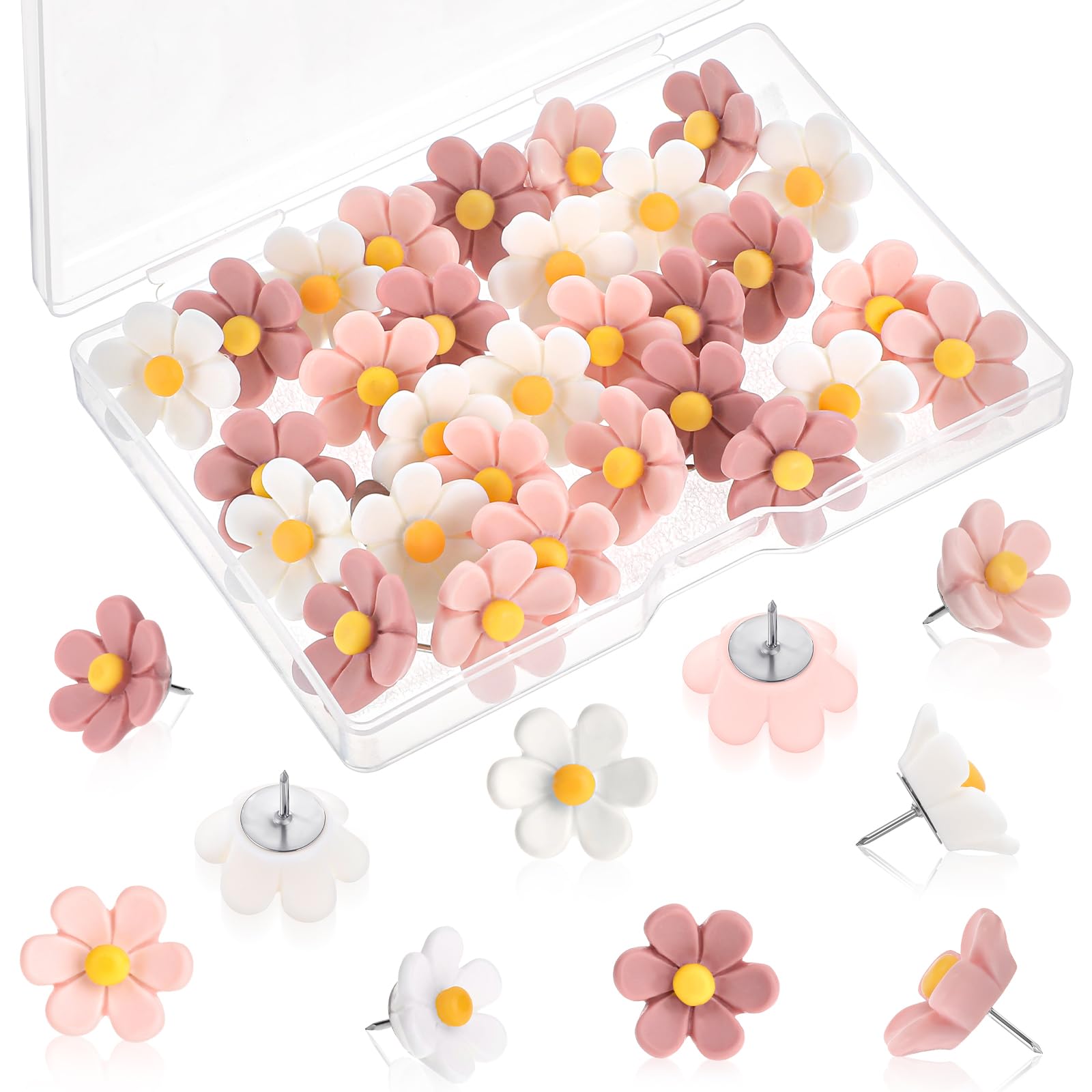 Photo 1 of 30Pcs Flower Push Pins for Cork Board, Bulletin Board, Picture Wall - Cute Decorative Thumb Tacks for Maps, Office, Schools (3 Colors, 10 Each)