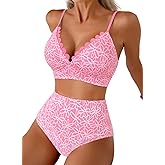 Herseas Women's Embroidered Flowers Bikini Sets Scalloped V Neck Swimsuits High Waisted Bathing Suits