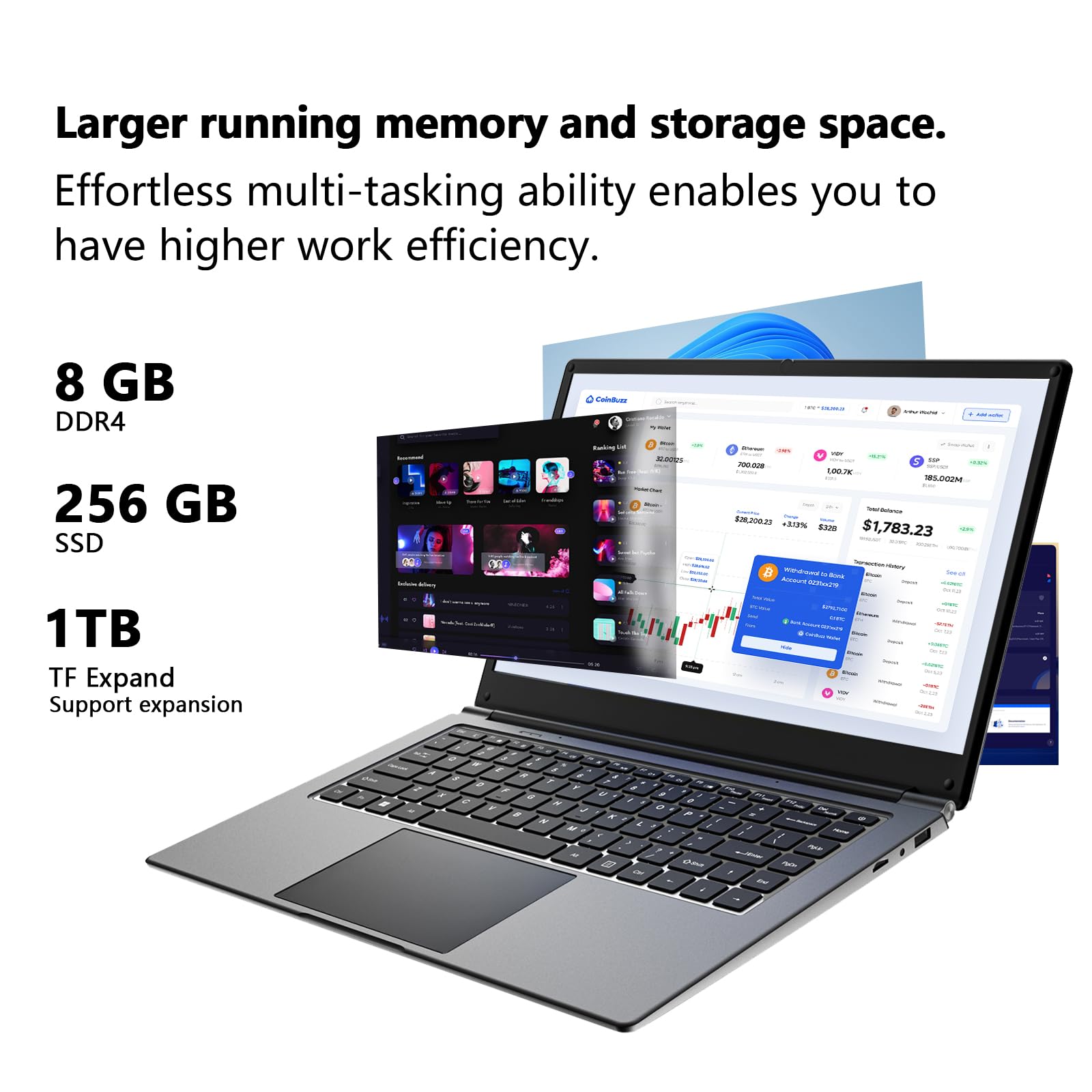 Exilapsire 16 inch Laptop, Quad-Core Up to 2.64 GHz, 8GB 256GB Memory, Win11, HD IPS, Slim and Lightweight Notebook, Work and Students Laptop, Gray