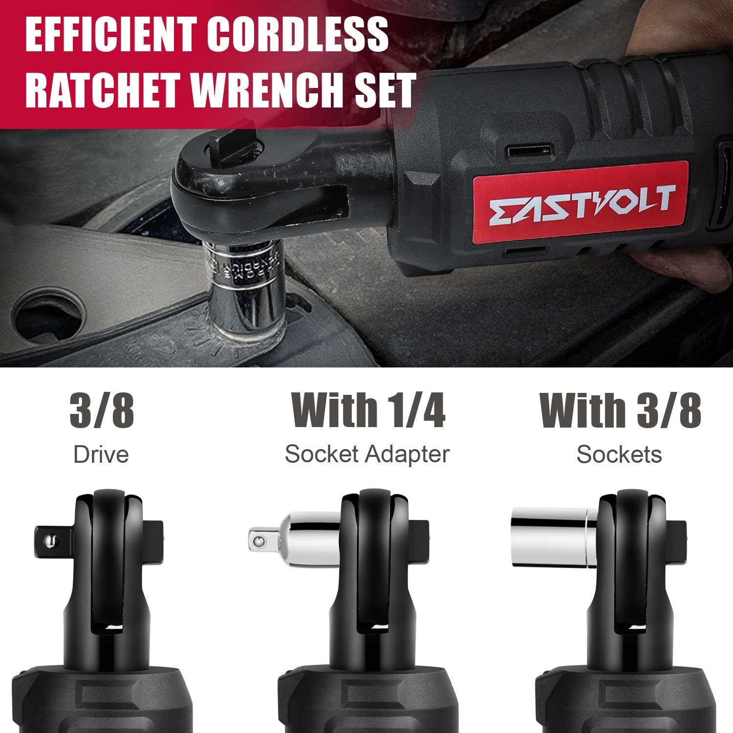 Eastvolt 12V Cordless Electric Ratchet Wrench Set, 3/8 Inch 35ft-lbs Power Wrench Tool Kit, with Fast Charger, 2.0Ah Lithium-Ion Battery, 7-Pieces 3/8 Inch Metric Sockets and 1/4“ Adaptor: Home Improvement