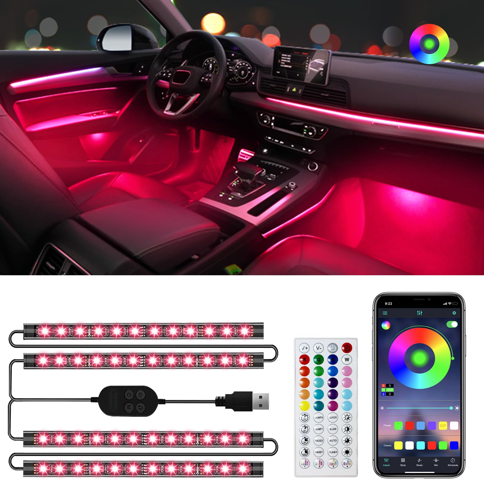 Photo 1 of Hovano Car Interior LED Lights, APP Control with USB Port, RGB Color Change with Music Sync & DIY Mode, 48 LEDs Lights for Under Dash Running Board Truck