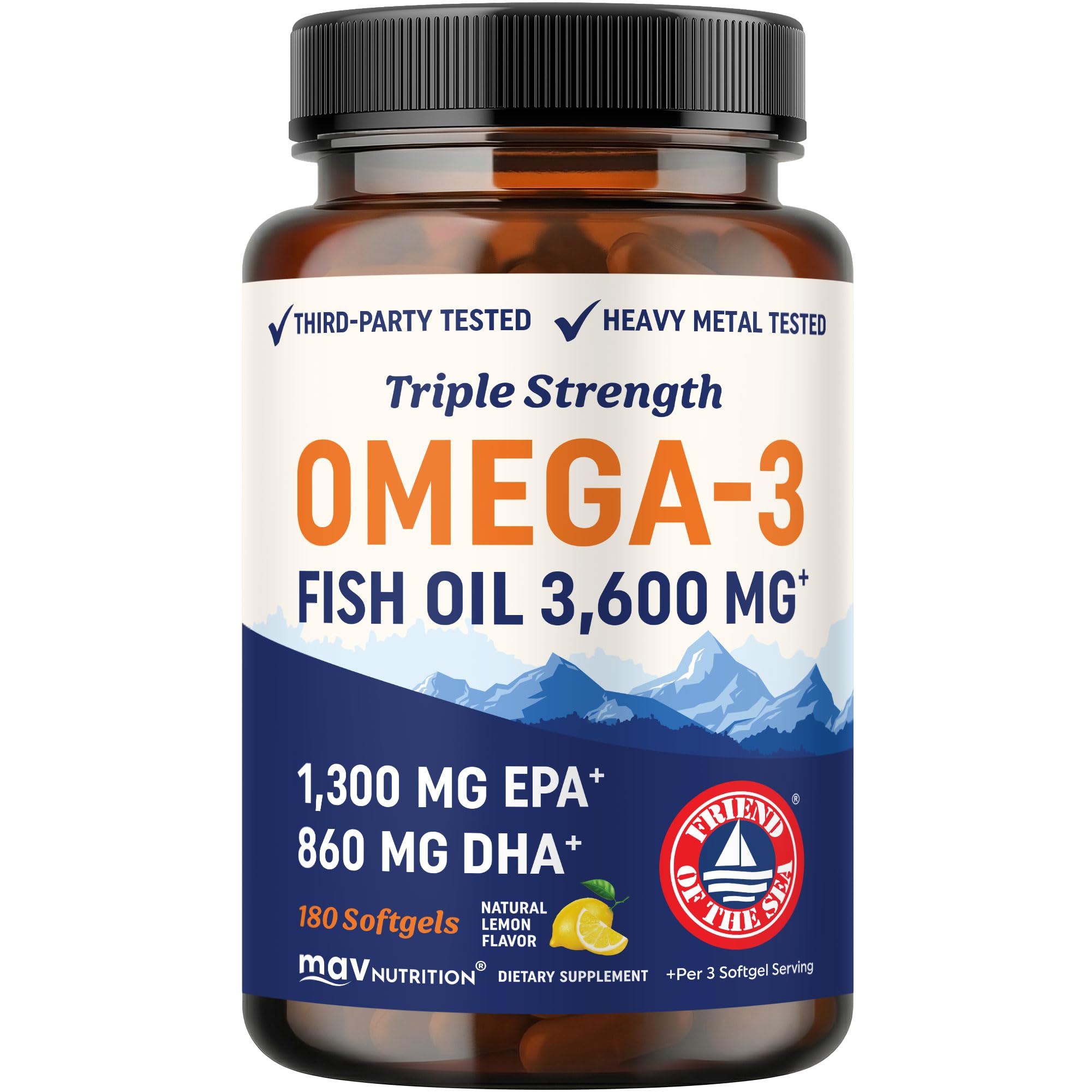 Triple Strength Omega 3 Fish Oil 3600 mg, EPA & DHA, Omega-3 with Lemon Oil