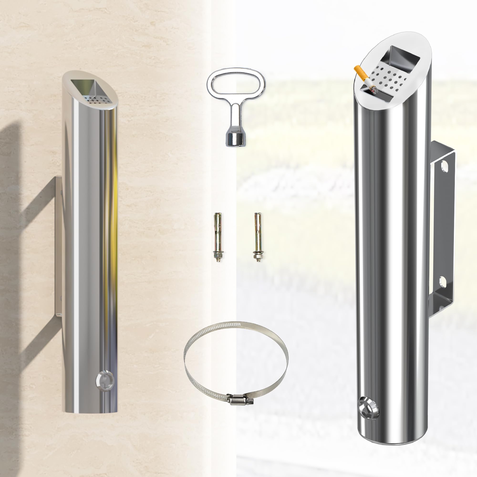 Nisorpa 48cm Wall Mounted Ash Trays Stainless Steel Vertical Trash Bin Wall Mounted Ashtray Trash Holder Outdoor Waste Containers 1.8L Ash Bin w/Key,Floor Standing Ashtrays For Cigarettes