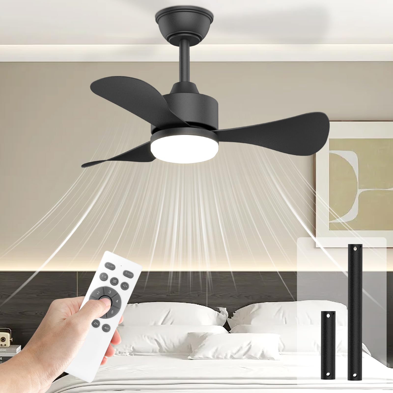 Airwit 71 cm Ceiling Fan with Lighting and Remote Control, Diameter 71 cm, Quiet Ceiling Fan with Light, Small Lamp with Fan for Bedroom, Living Room, Children's Room, Reversible DC Motor