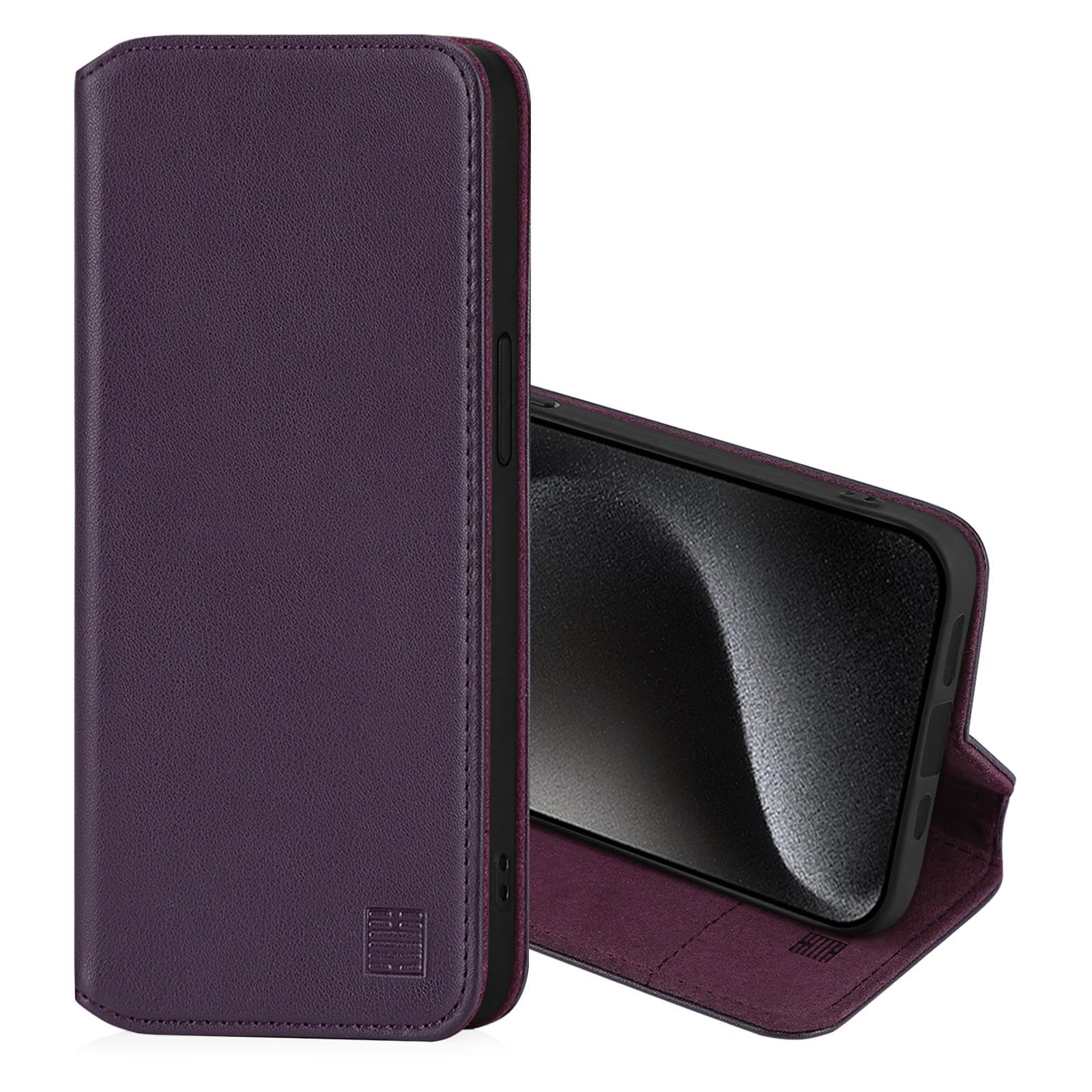 32nd Classic Series 2.0 - Real Leather Book Wallet Flip Case Cover For Apple iPhone 15 Pro (6.1"), With RFID Blocking Card Slot, Magnetic Closure and Built In Stand - Aubergine