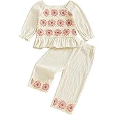 Baby Girl Cotton Linen Clothes Bow Flower Print Ruffle Long Sleeve Smocked Shirt Top Wide Leg Pants 2Pcs Fall Clothes