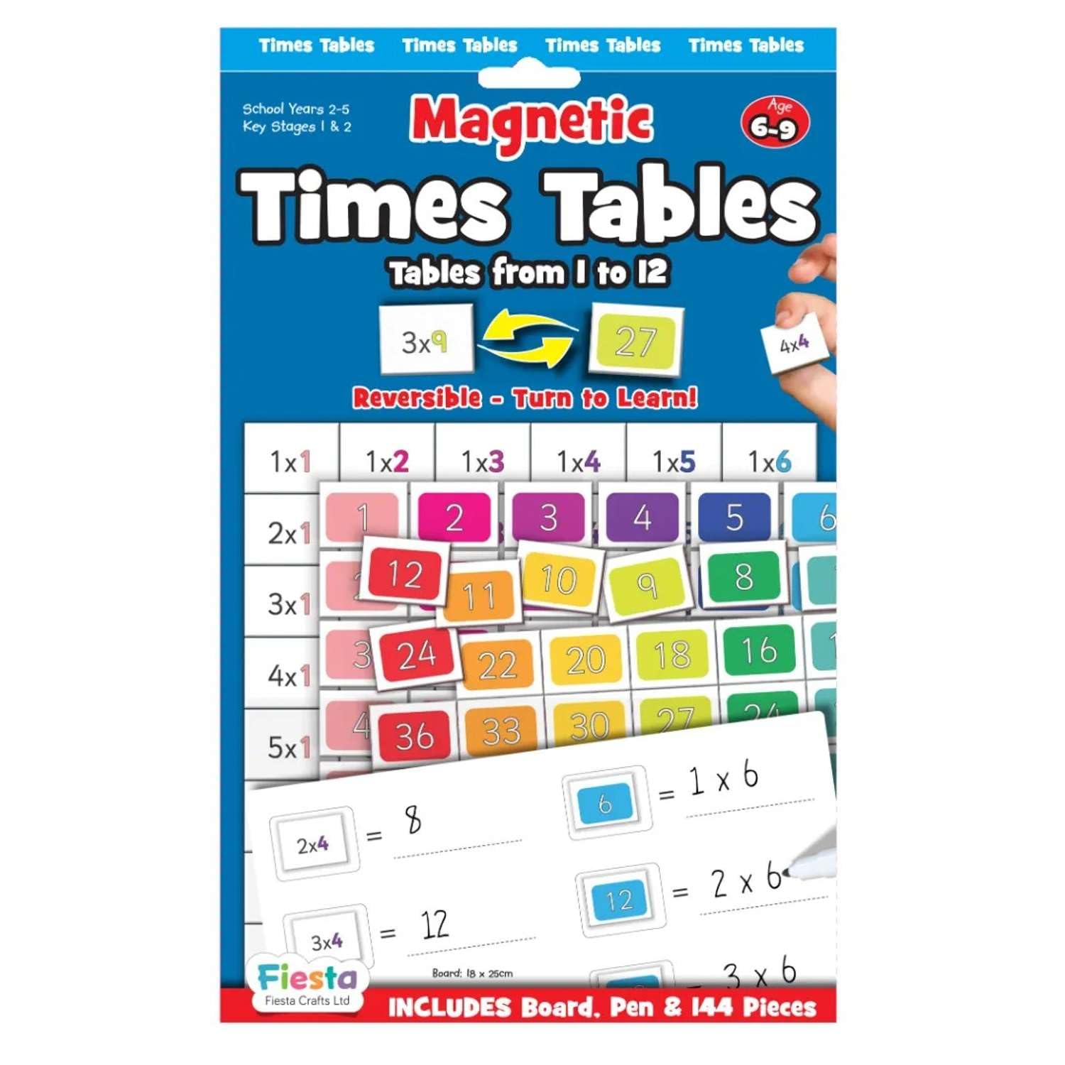 Magnetic Times Tables for Kids by Fiesta Crafts -144 Reversible Magnetic Numbers, Board & Dry Wipe Pen - Interactive Educational Toys for Kids' Early Maths Games - Quick Learning Through Tactile Games