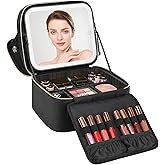 Relavel Makeup Bag with LED Mirror, Small Travel Makeup Case with Rechargeable Lighted Mirror 3 Color Lights, Double Layer Cosmetic Box Makeup Brush Lipstick Holder Organizer for Women, Black