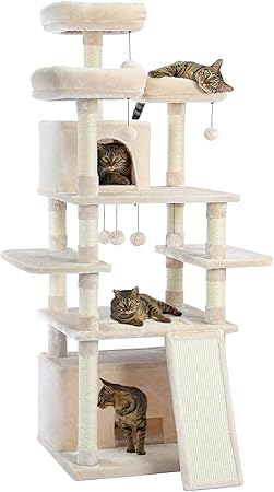 cat tree with food bowl