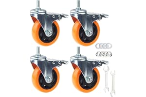 YEWEKE Heavy Duty Swivel Wheels, 3 Inch Yellow PVC Casters with Metric Stem M12-1.75x25mm Double Brakes Castors Safety Wheels up to 1200 Lbs/Set for Industry and Furniture Set of 4 (4 Inch)