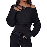 Simlakey Women Off Shoulder Sweater Bat Wing Sleeve Ribbed Knit Pullover Cinched Waist Boat Neck Winter Going Out Jumper Top