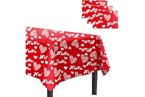 CAKKA Valentines Day Tablecloth Plastic 54x108 Inch, 3Pack Disposable Red Heart Tablecloth, Rectangle XOXO Valentine Table Cloth Table Cover for Valentine’s Day Wedding Decor Decoration