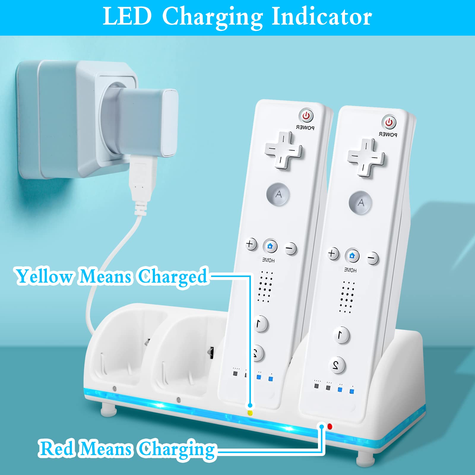Wii Remote Charging Station, 4-in-1 Controller Charger Station with 4 Wii Rechargeable Battery Pack & USB Cable for Wii/Wii U Controller Remote (White)