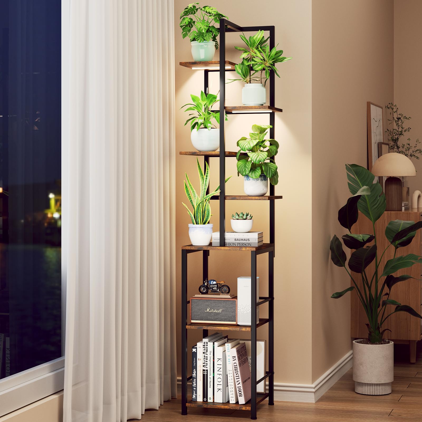 Photo 1 of Plant Stand Indoor with Grow Light, 7-Tiered Tall Plant Stand Indoor, Metal Plant Shelf with Bookshelf Bookcase and Adjustable Light, Ideal for Living Room, Reading room, Garden, Patio (Brown)