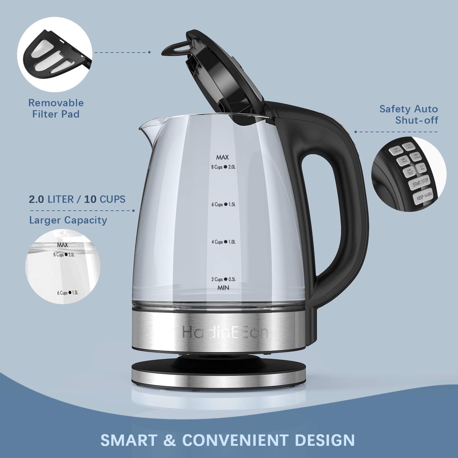 HadinEEon Variable Temperature Electric Kettle, 1200W Electric Tea Kettle, 8 Big Cups 2.0L Glass Electric Kettle with 4Hrs Keep Warm Function & Boil-Dry Protection: Kitchen & Dining