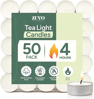 Zuvo Tea Lights Candles 4 Hour Burn Unscented White 50 Pack 3.8 x 1.3 cm