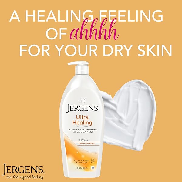 JERGENS ULTRA HEALING DRY SKIN LOTION, HAND AND BODY MOISTURIZER FOR QUICK ABSORPTION INTO EXTRA DRY SKIN WITH HYDRALUCENCE BLEND, VITAMINS C, E AND B5, WHITE, 32OZ