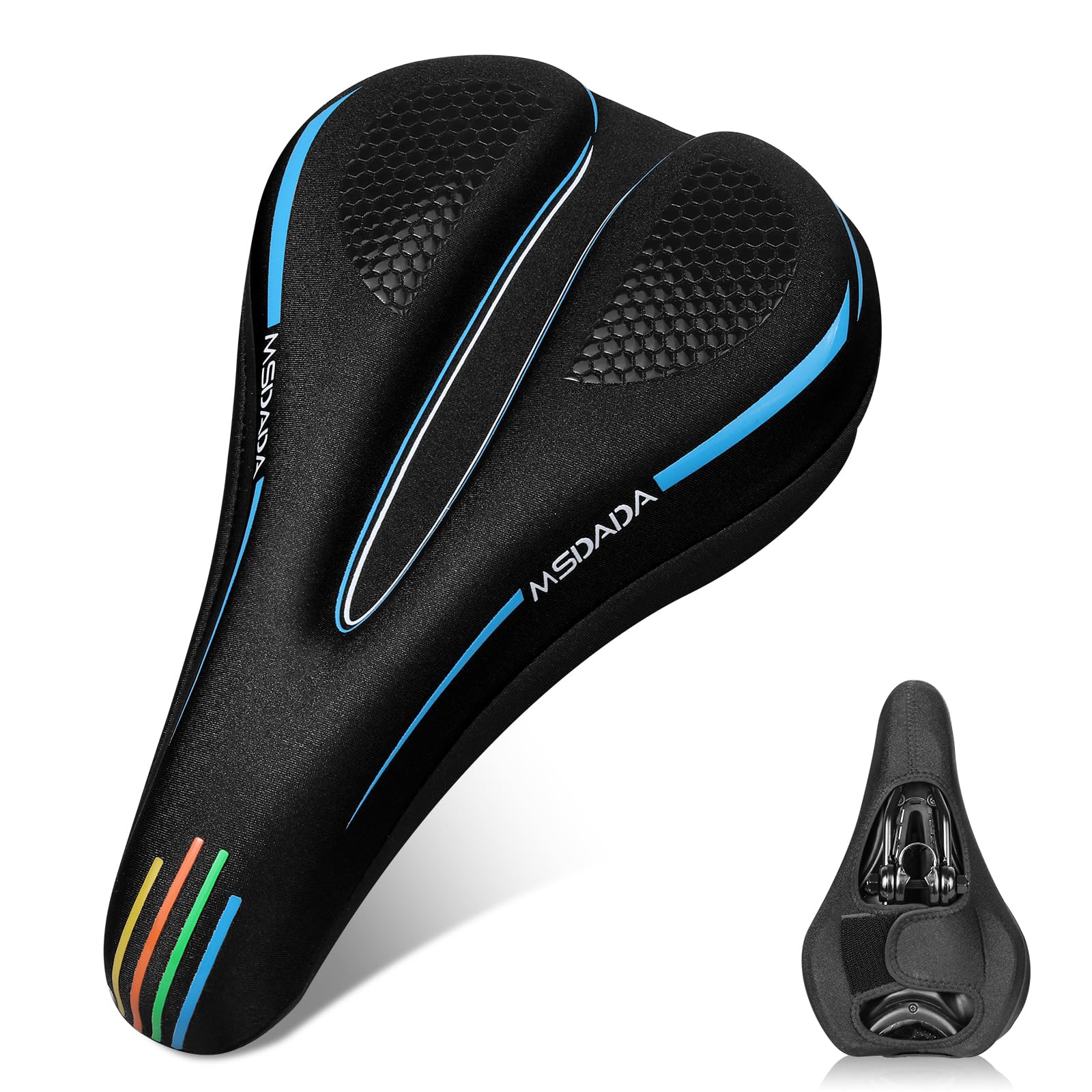 MSDADA New Gel Bike Seat Cover Padded, Comfortable Blue Bike Saddle for Men & Women, Universal Fit, Compatible with Bicycle, Gel, Memory Foam, Lycra Material