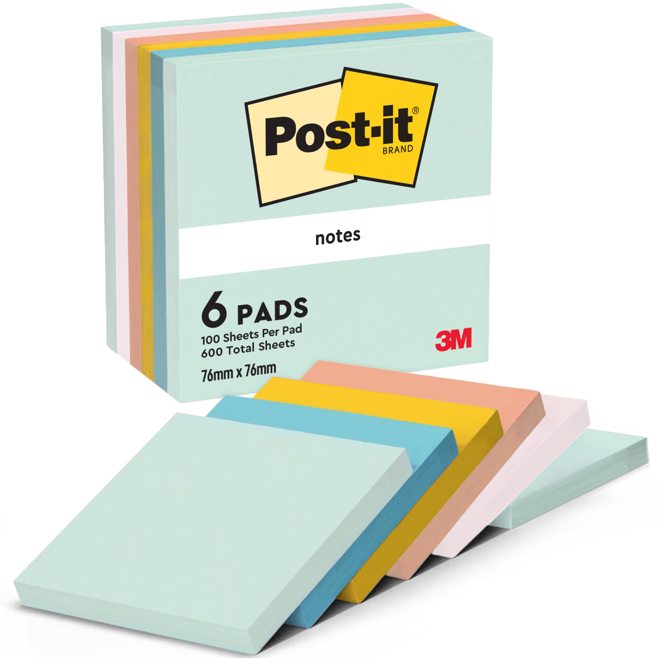 Post-it Notes Beach Color Collection, Pack of 6 Pads, 100 Sheets per Pad,76 mm x 76 mm, Green, Yellow, Orange, Blue, Pink - Self-Stick Notes for Note Taking, to Do Lists & Reminders