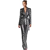 Hoawsyu Sequin Suits for Women 2 Piece Womens Suit with Belt Glitter Sparkly V Neck Womens Tuxedo Suit Set for Party Prom