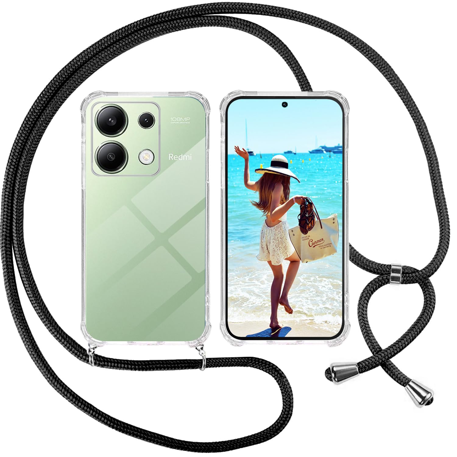 ISOI Case with Rope for Xiaomi Redmi Note 13 4G, Transparent TPU Soft Silicone Case with Adjustable Pendant Strap Necklace Neck Strap Chain Lanyard, Black