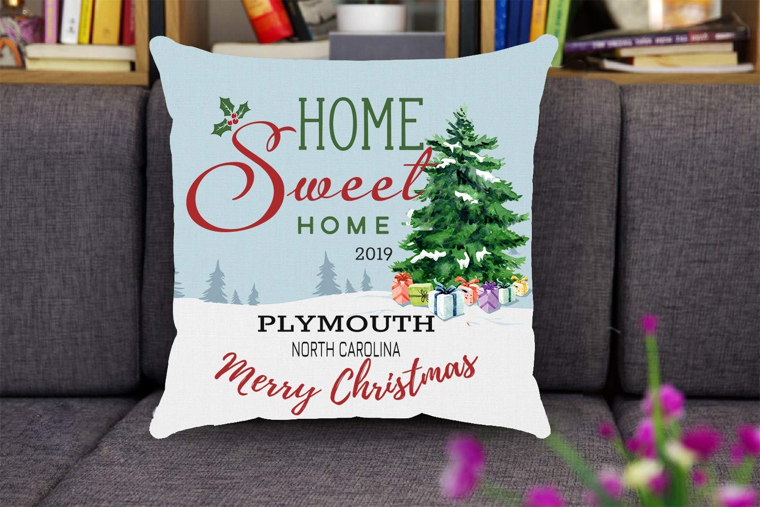 Merry Christmas Pillow Covers 18x18 - Home Sweet Home 2019 Plymouth North Carolina State - Christmas Tree Throw Pillow Covers, Holiday Xmas Decorations Gift For Family