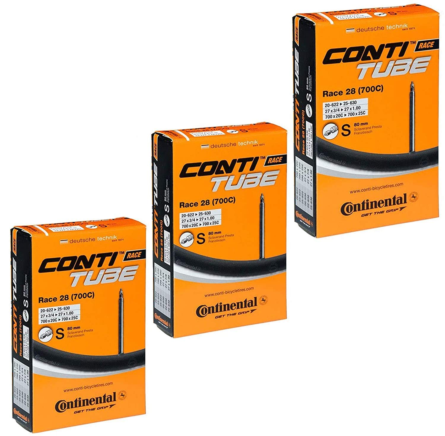 Continental Race 28 700 x 20-25c Road Bike Inner Tubes - 80mm Presta Valve (Pack of 3) - with FREE Ano Adapters