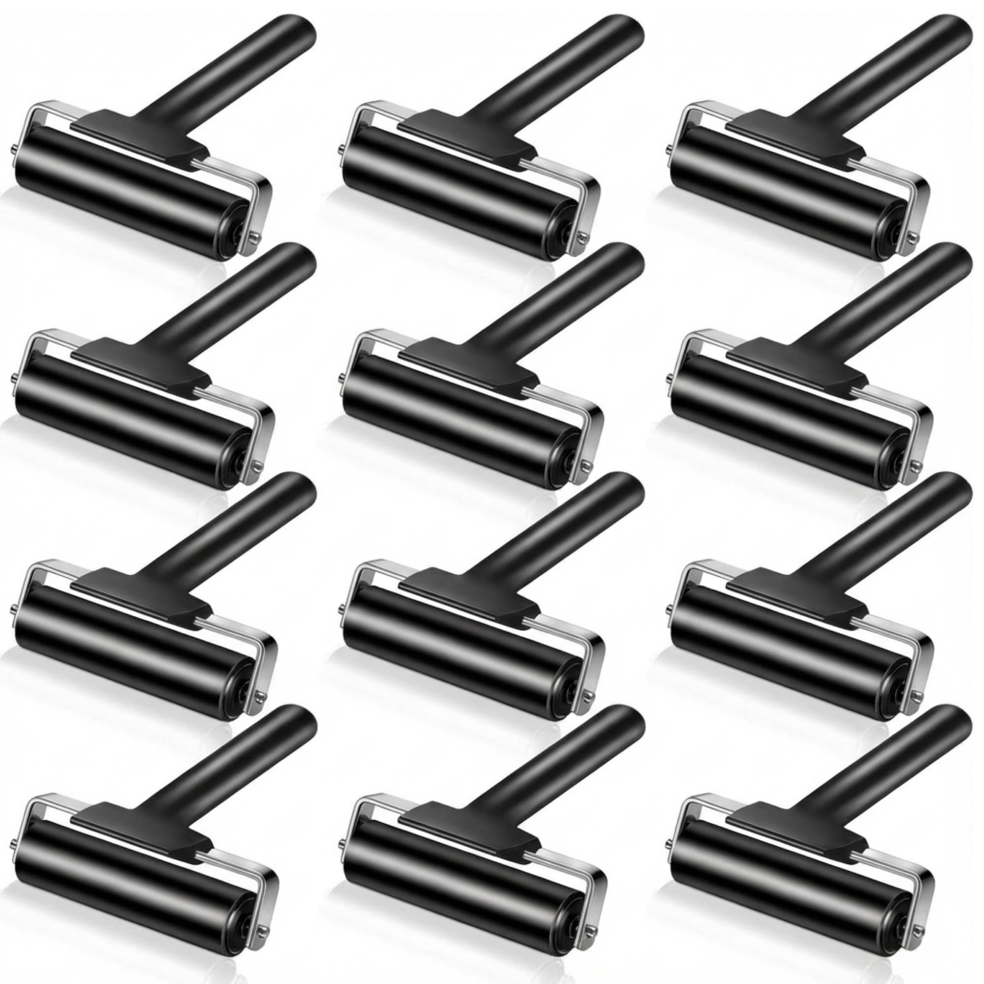 BBTO 12 Pcs Rubber Roller for Crafting 4 Inch Brayer Rollers Craft Ink Roller Relief Printing Brayers for Printmaking Gluing Inking Blocks Carved Surfaces Stamping Scrapbooks Paintings, Black