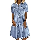 chouyatou Women Summer Casual Button Down Midi Denim Shirt Dress Cute Distressed Tiered Ruffle Jean Dress