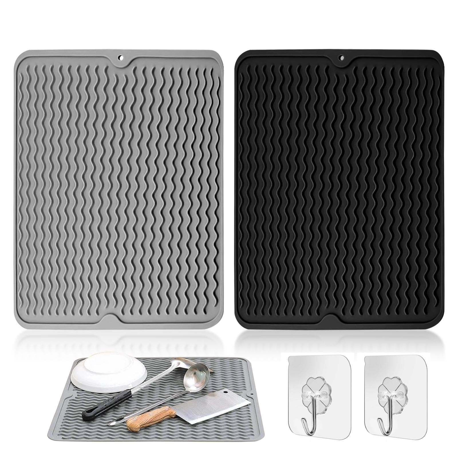 AWAVM 2 PCS Large Silicone Dish Drying Mat Draining Board Mat Drainer Mat with a Multifunctional Silicone Sponge Scrubber, Heat Resistant Trivet Countertop Protector(40×30cm, Grey+Black)